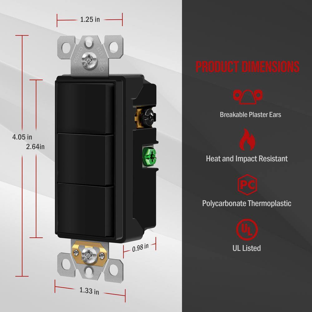 ENERLITES 15 Amp 120-Volt to 277-Volt Triple Paddle Rocker Decorator Light Switch Single Pole Residential Grade in Black (3-Pack) 62755-BK-3PCS