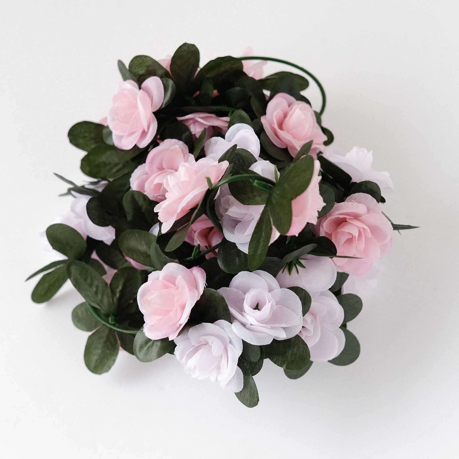 2 Pack Blush Dusty Mini Rose Artificial Silk Rose Vines Hanging Flower Garland with 45 Flower Heads - 8ft