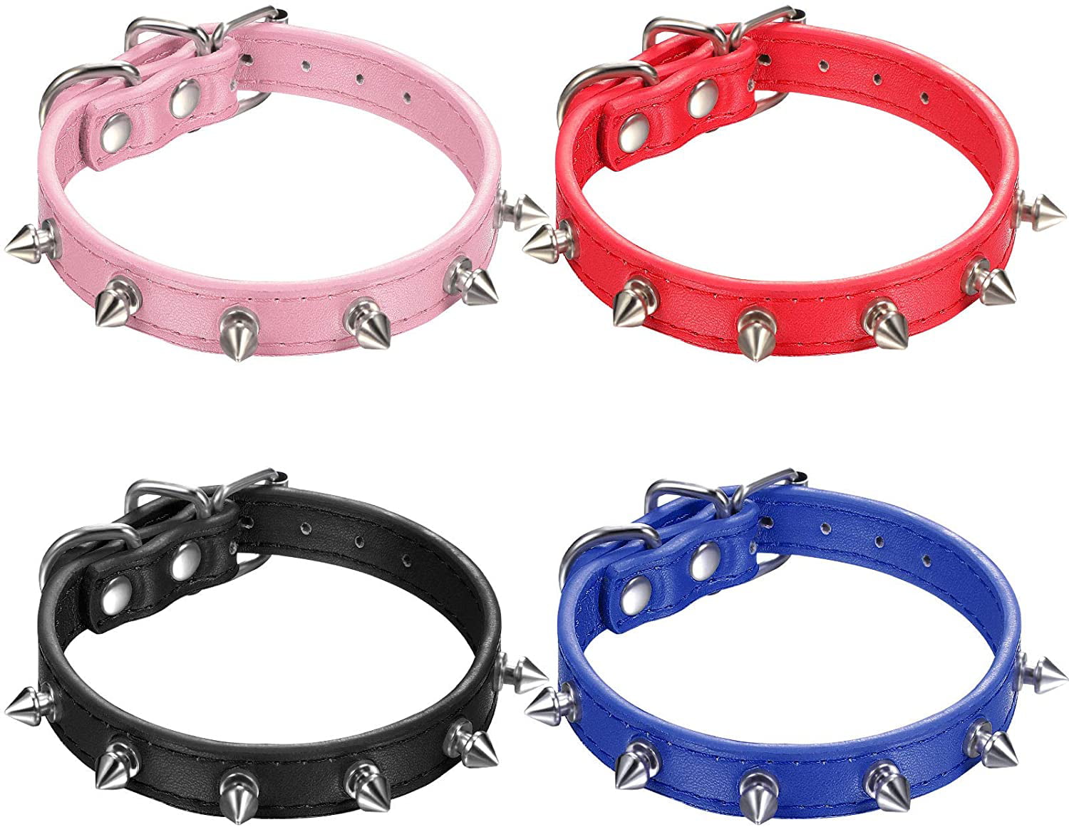 4 Pieces Spiked Studded Cat Collar Artificial Leather Pet Collars Adjustable Studded Cat Collar with Spikes for Small Dogs Puppy (Black， Blue， Red， Pink)