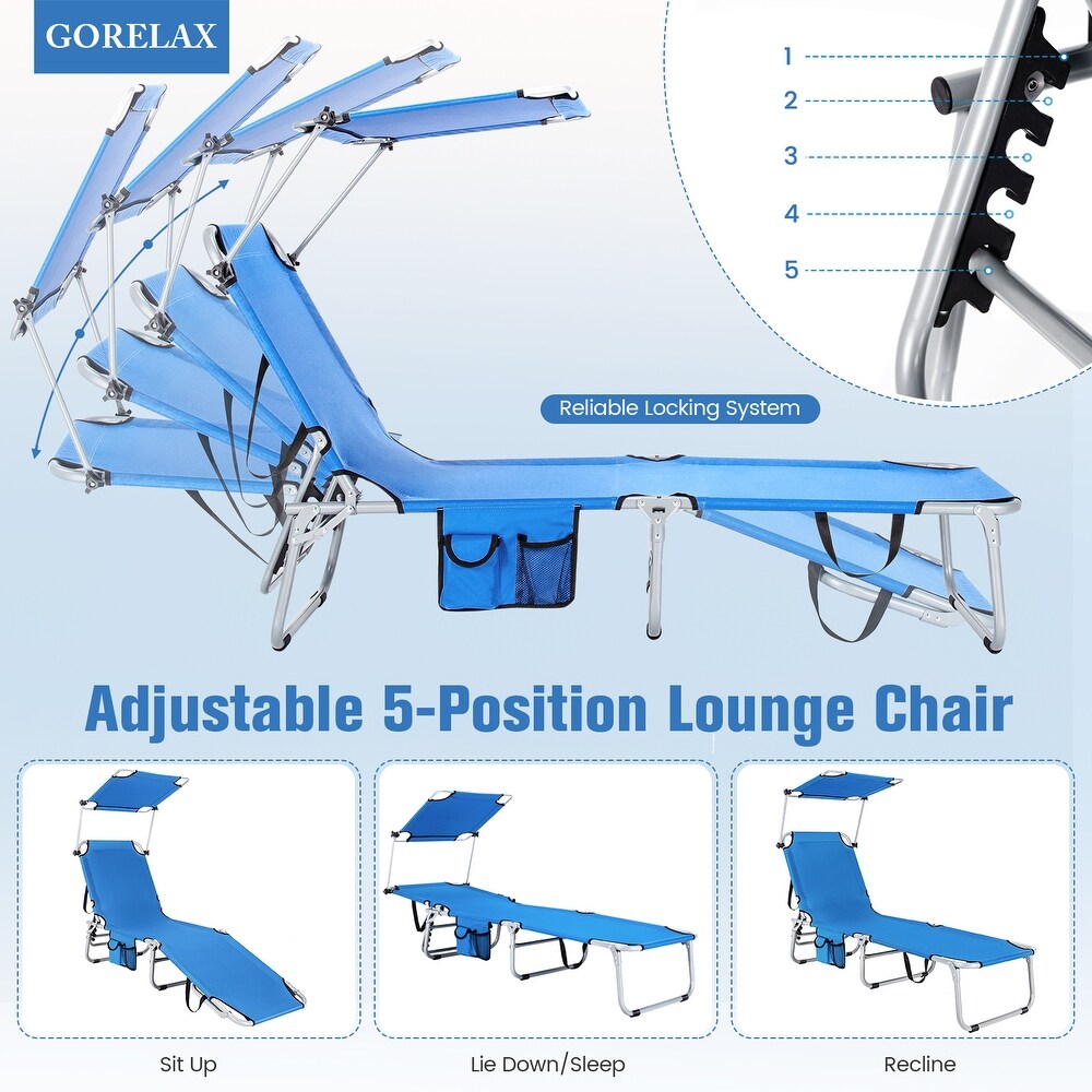 5 Position Adjustable Outdoor Chaise Chair Recliner Chair with Canopy Shade