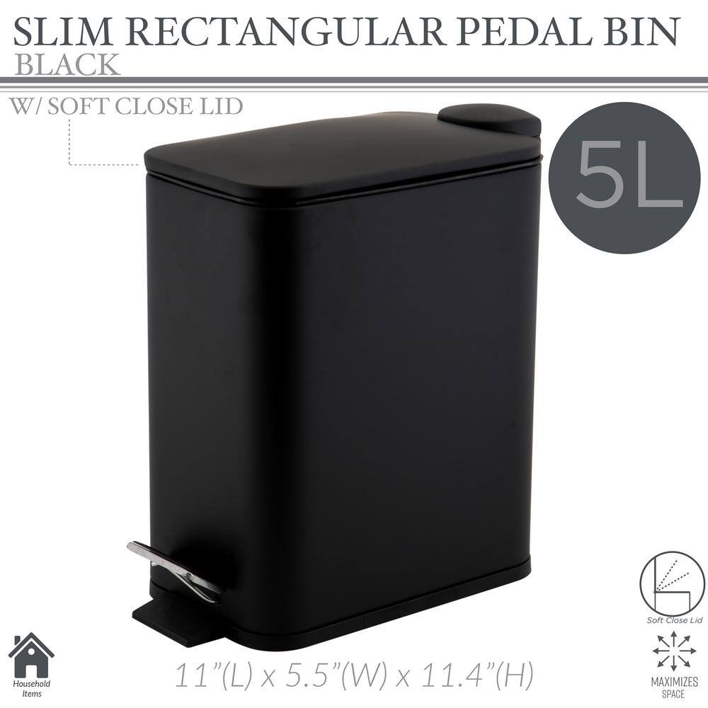 SIMPLIFY Slim Rectangular 5 Liter Pedal Trash Bin with Soft Close Lid in Black 10059-BLACK