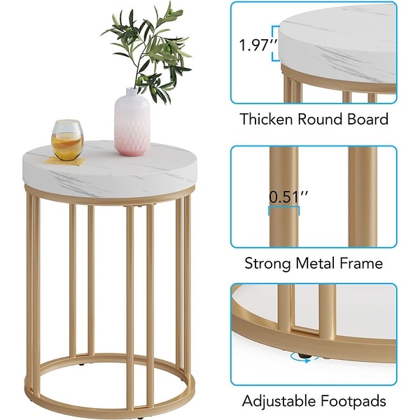 White Gold Round End Table， Modern Bedside Nightstand Faux Marble Top