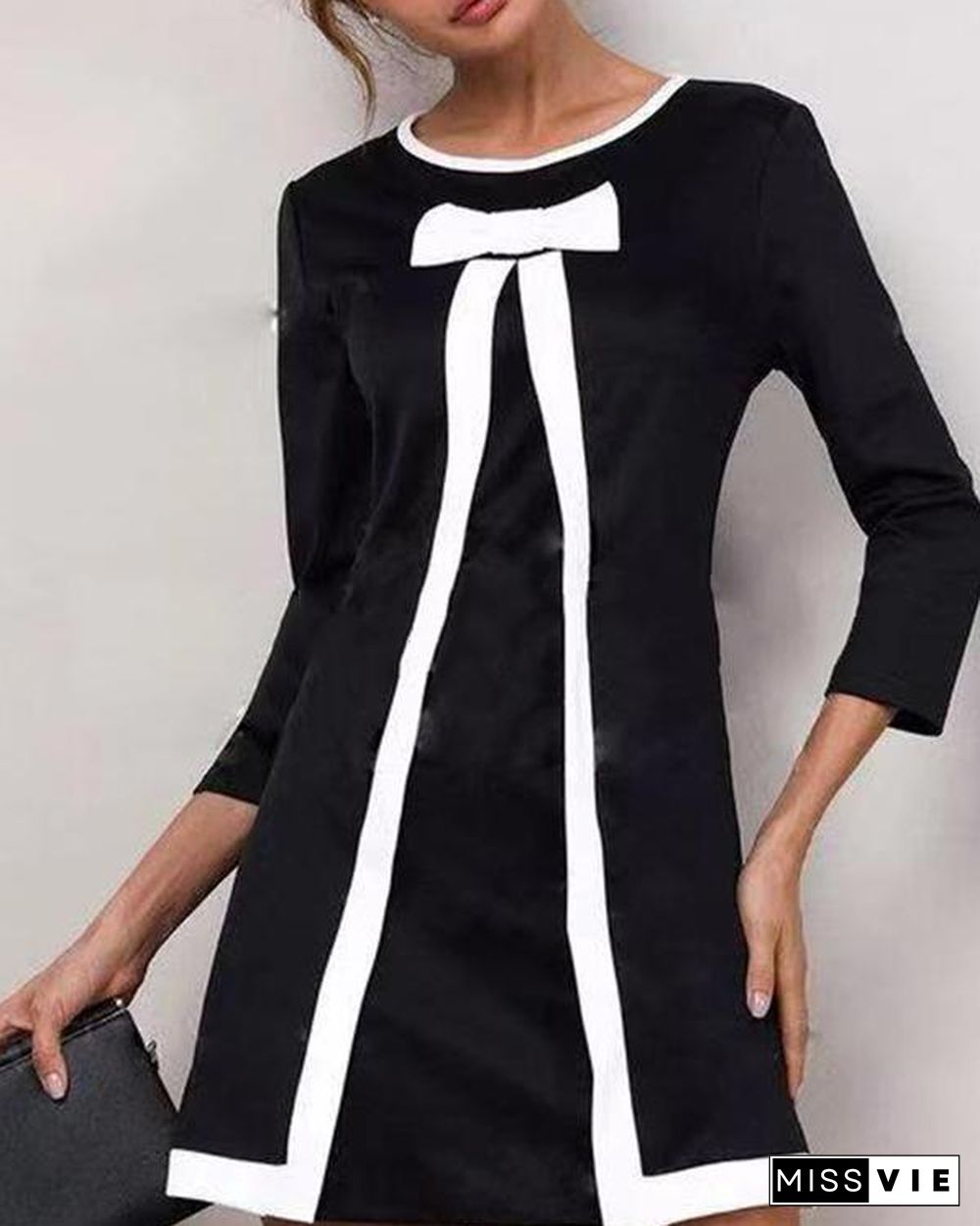 Solid Round Neckline 3/4 Sleeves Above Knee A-line Dress