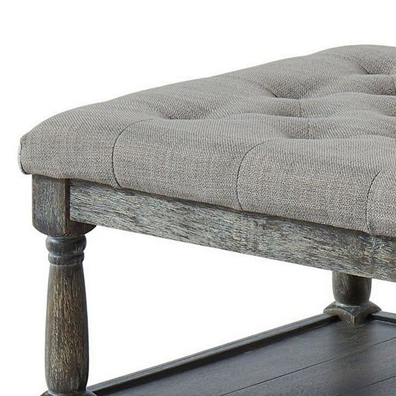 Fabric Upholstered Bench with Button Tufted Seat and Bottom shelf， Gray