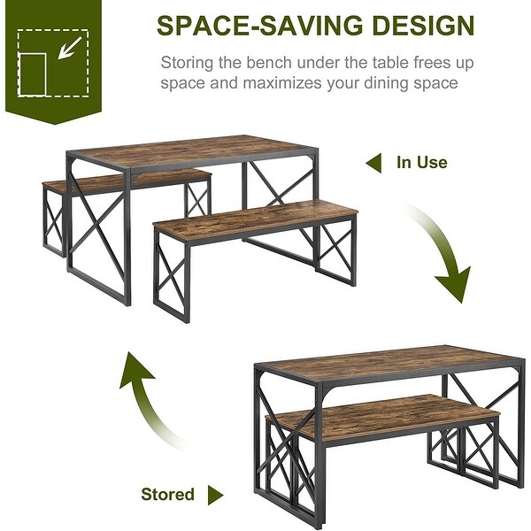 3-Piece Dining Set with Wood Table and 2 Benches