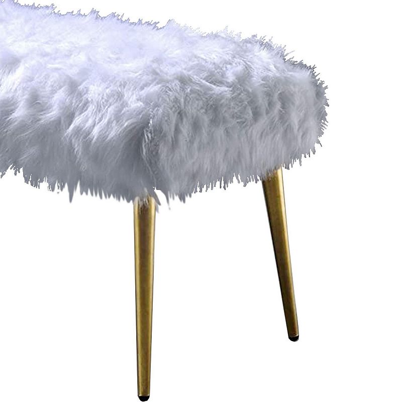 Modern Style Faux Fur Upholstered Metal Bench with Tapered Legs， White and Gold