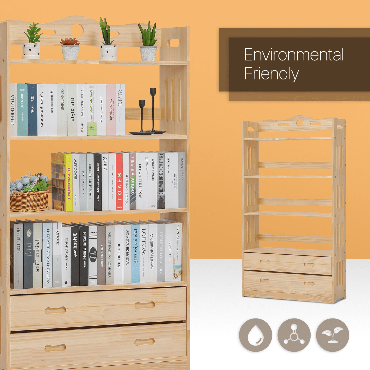 MoNiBloom Wood 5 Shelves 2 Drawers Bookshelf, Books Toys Organizer Bookcase, Natural, for Home