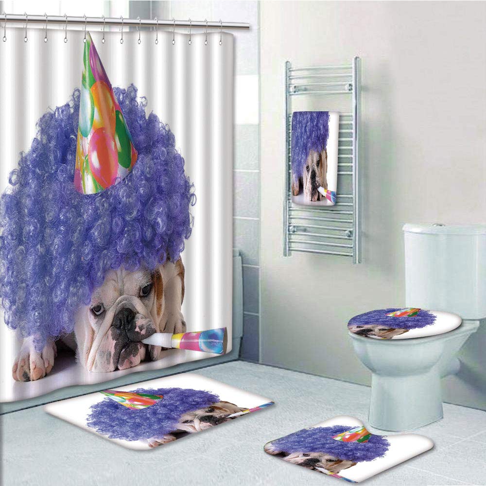 PRTAU Birthday for Kids Boxer Dog Animal with Wig with Colorful Party Cone 5 Piece Bathroom Set Shower Curtain Bath Towel Bath Rug Contour Mat and Toilet Lid Cover