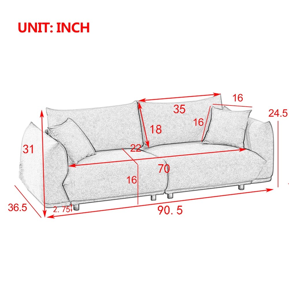 Modern 90.5''Couch for Living Room Sofa w/Solid Wood Frame  Stable Metal Legs and 2 Pillows for Apartment Office and Bedroom