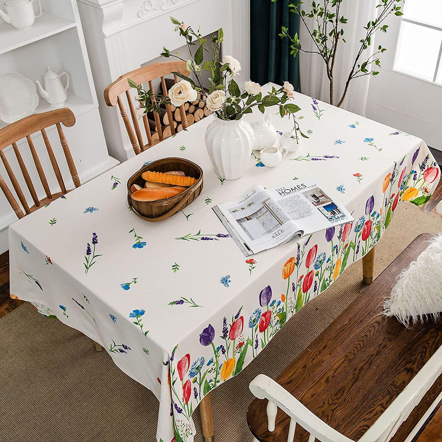 Boho Cotton Linen Fabric Tablecloth， Tulip In The Field Pattern Rectangular Table Cover For Kitchen Dining Tabletop Party Wedding Autumn Winter Decora