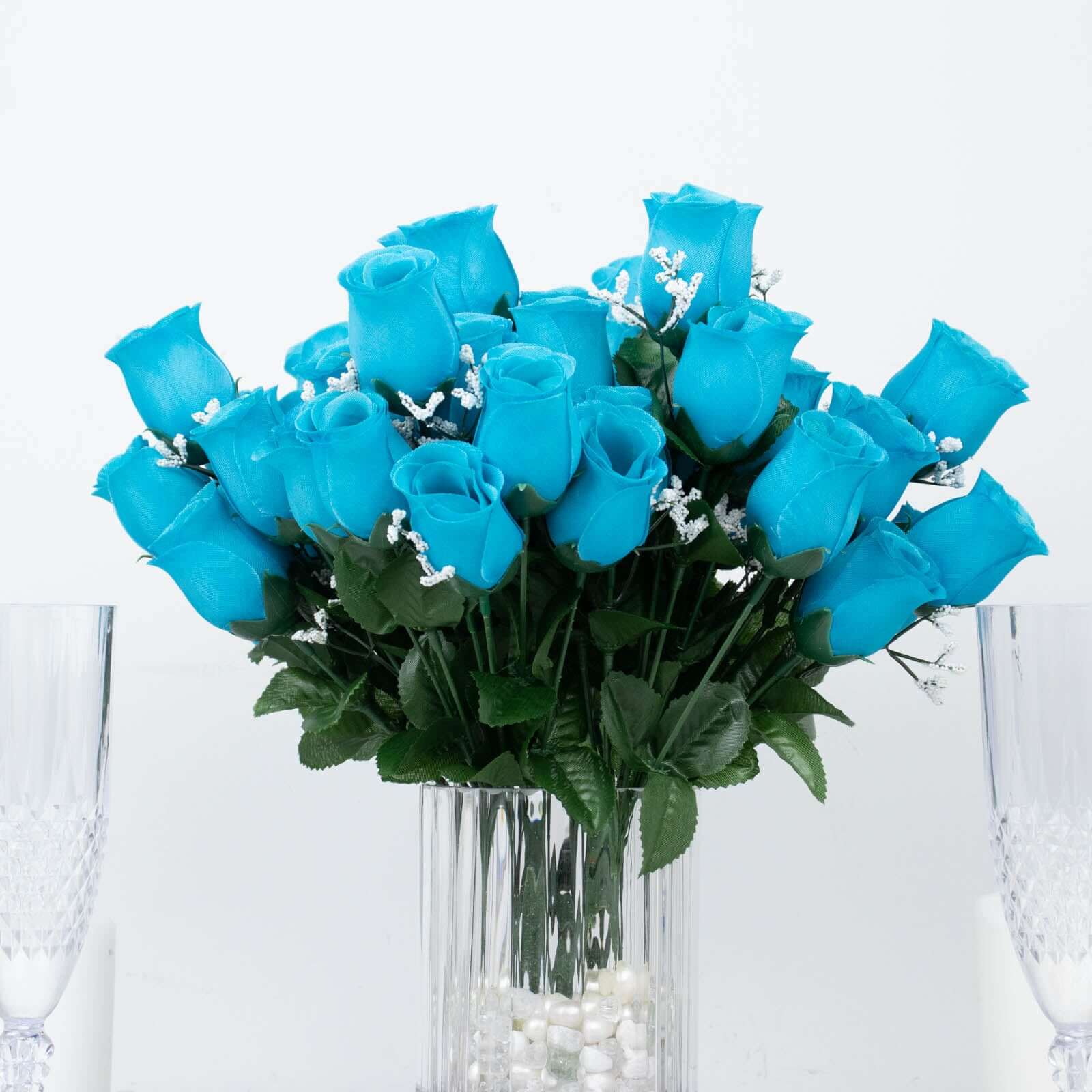 12 Bushes Turquoise Artificial Premium Silk Flower Rose Bud Bouquets