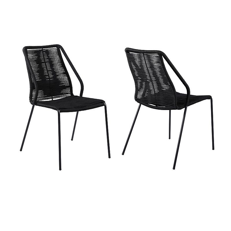 Indoor Outdoor Dining Chair with Fishbone Woven Seating， Set of 2， Black