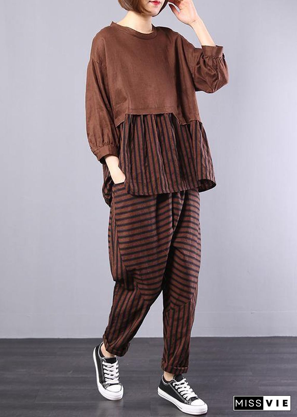 autumn khaki patchwork striped tops with elastic waist pants two pieces