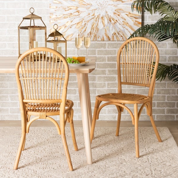 Wina Modern Bohemian Natural Rattan 2-Piece Dining Chair Set