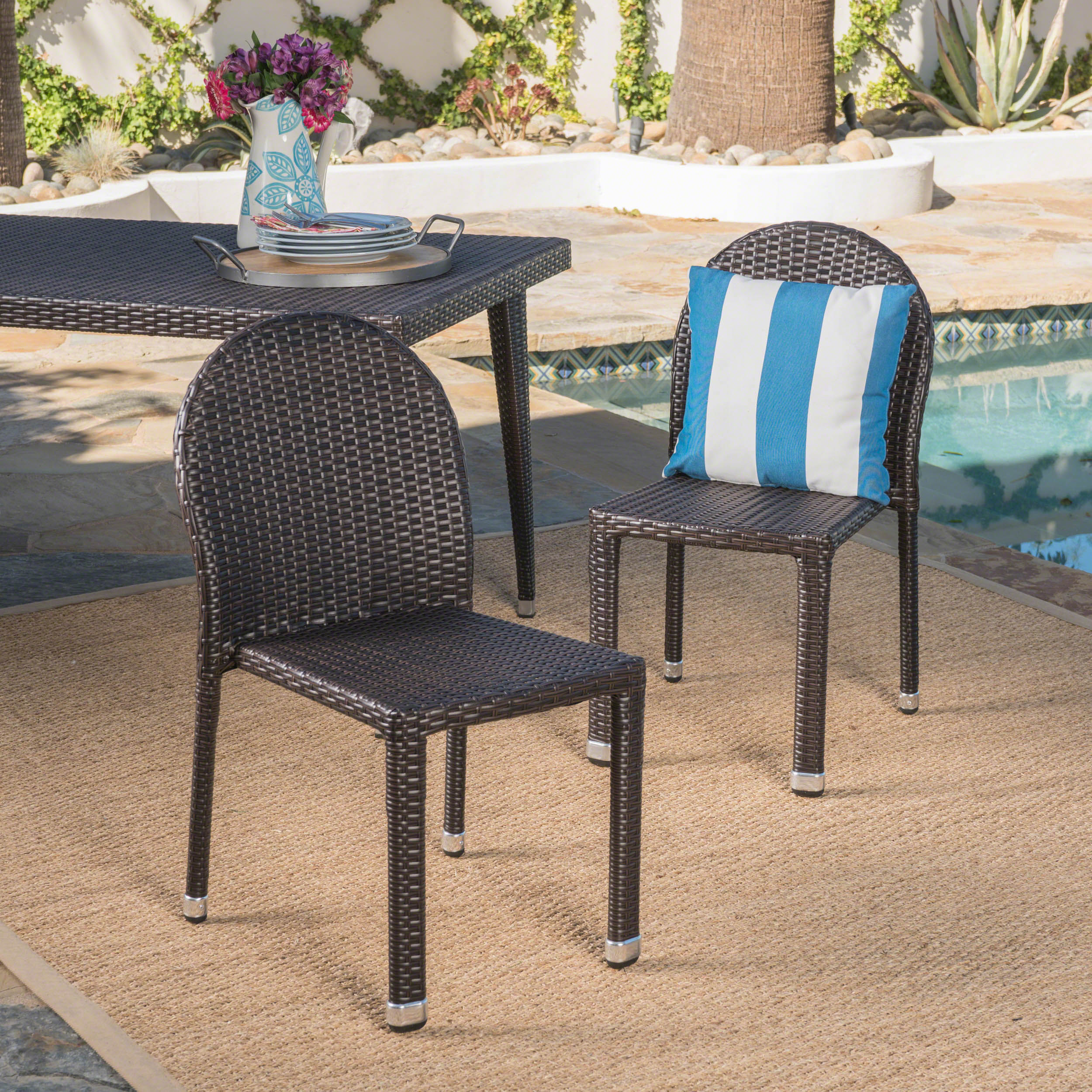 Ava Outdoor Aluminum Frame Wicker Stackable Dining Chairs - Set of 2