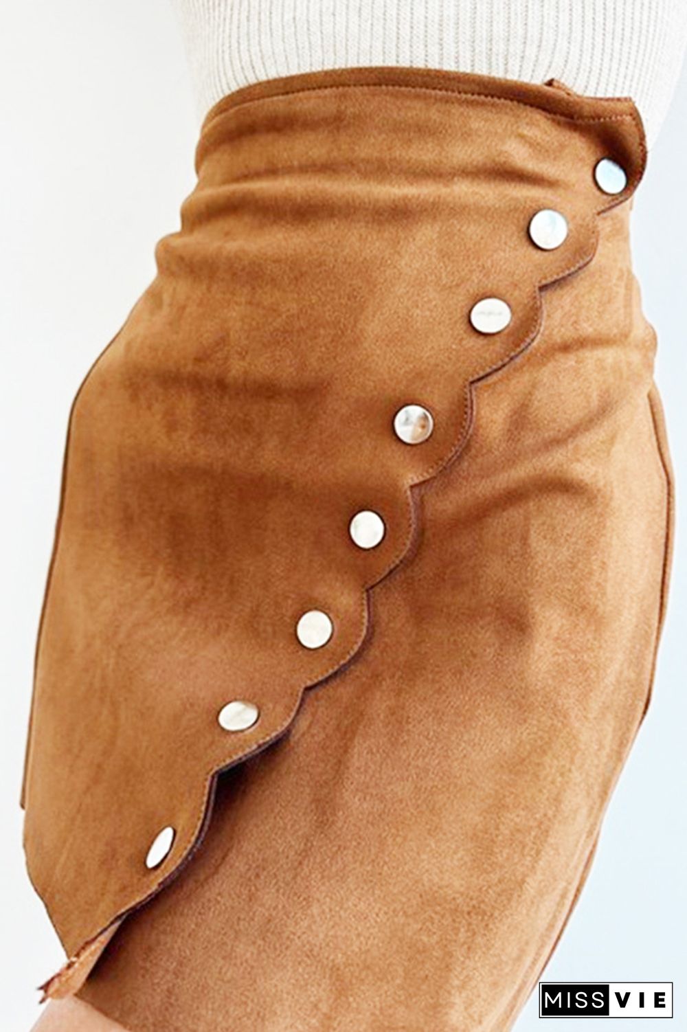 Scallop Edge Buttons Suede Skirt