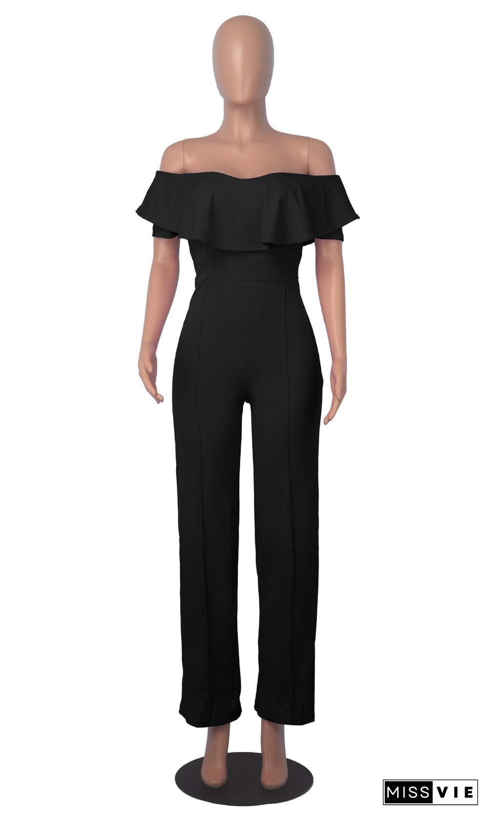 Elegant Solid Ruffle Slash Neck One Piece Jumpsuit