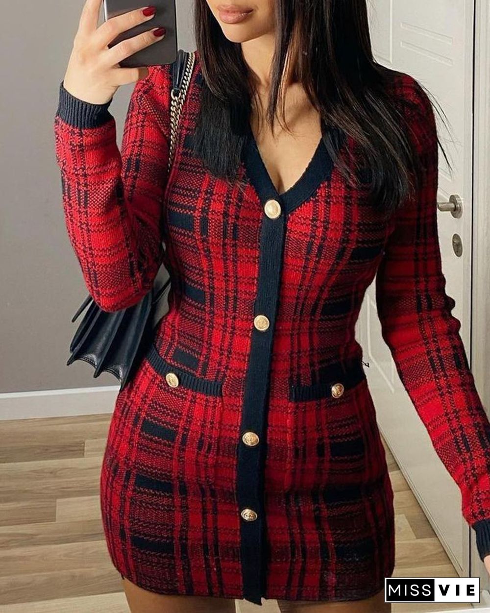 Plaid Button Design Long Sleeve Bodycon Dress P13908