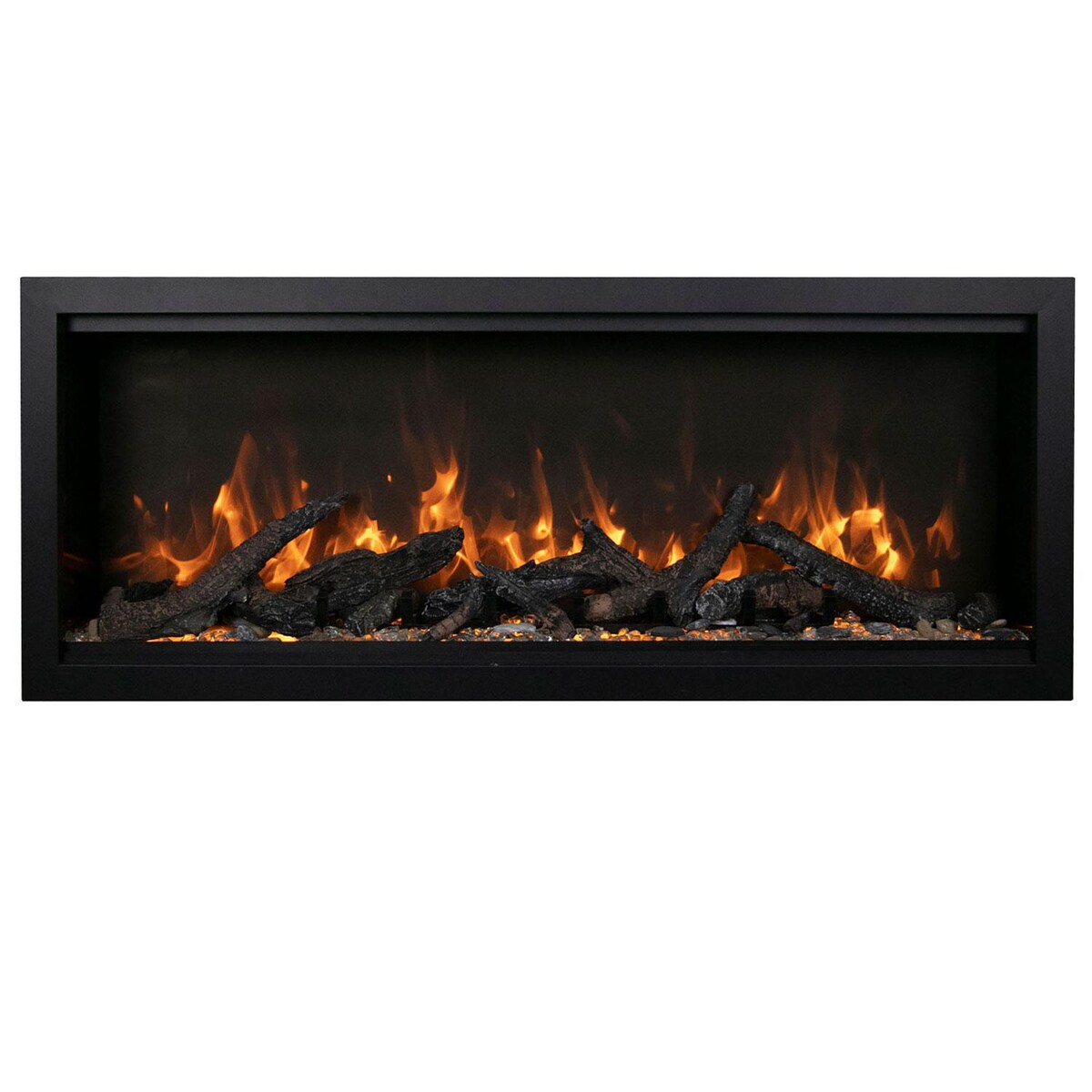 Amantii Symmetry Bespoke 74-Inch Built-In Log and Glass Clean Face Electric Fireplace W/ Black Steel Surround