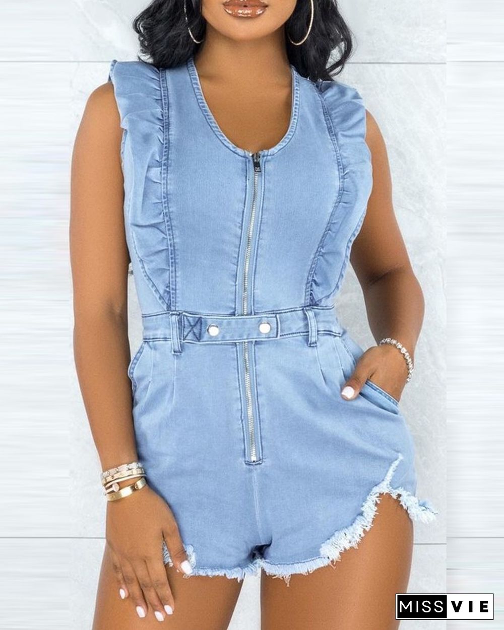 Solid Zipper Front Frill Trim Raw Hem Romper