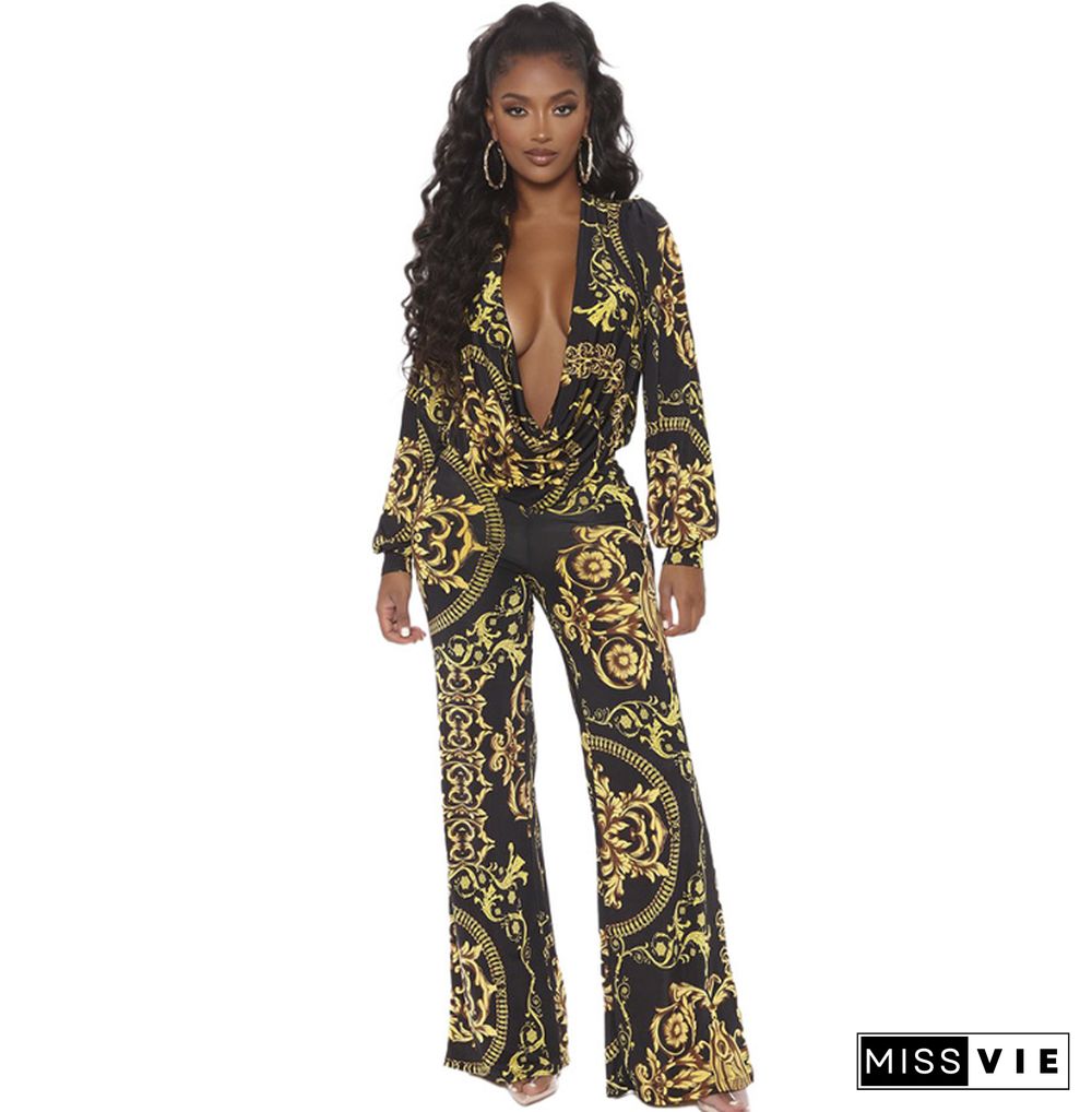 Sexy Digital Printed Deep V Long-sleeve High Waist Jumpsuit