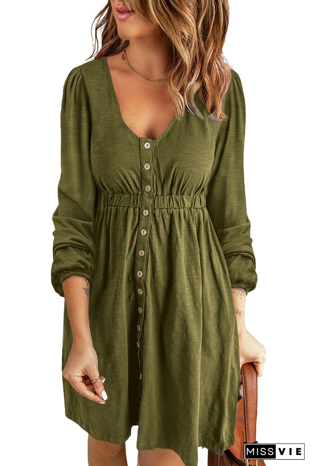 Green Button Up High Waist Long Sleeve Dress