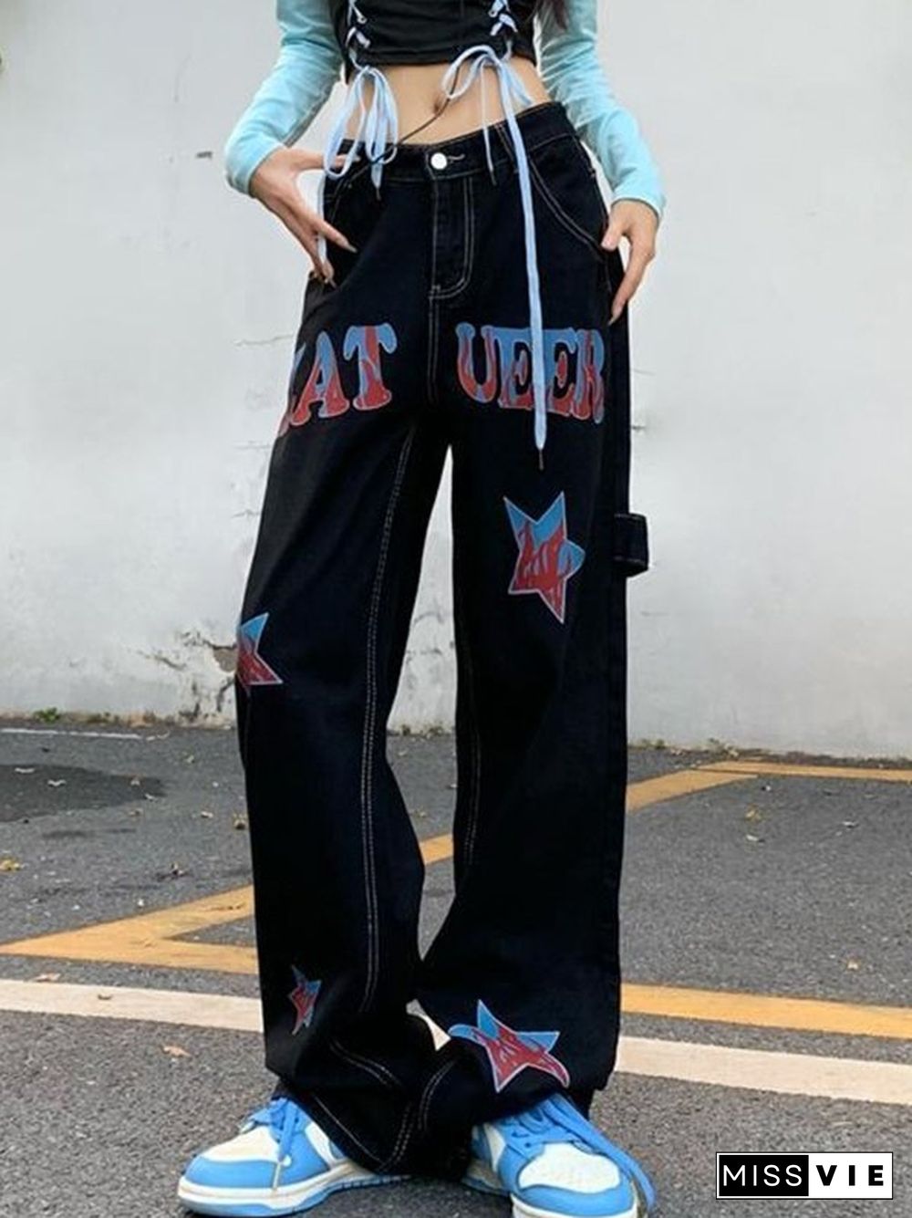 Hip Hop Loose American Star Print Distressed Cargo Jeans