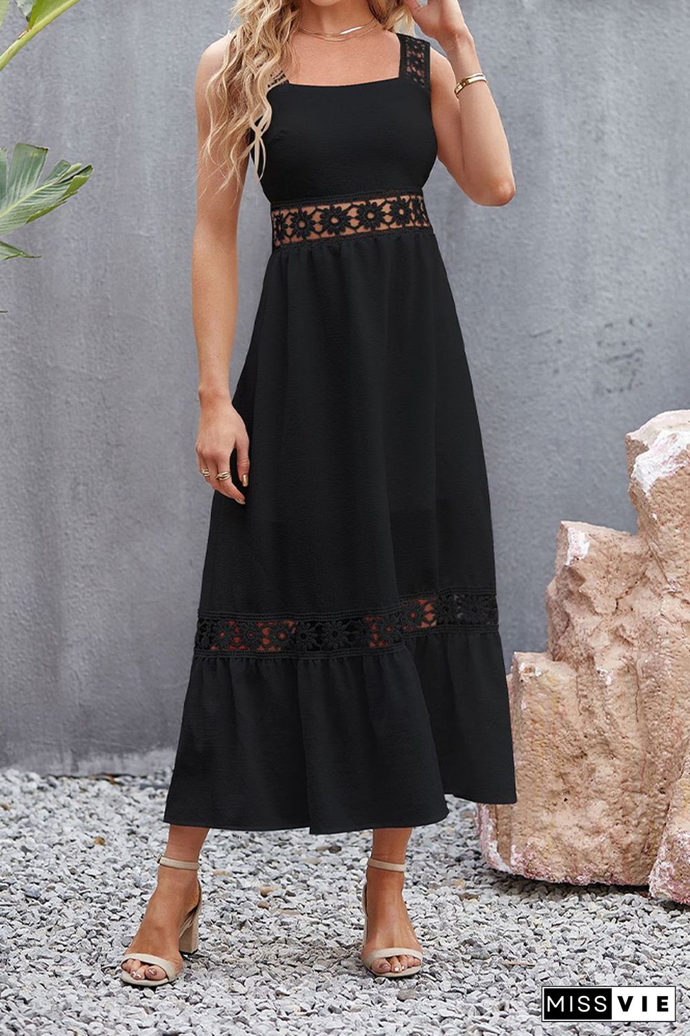 Lace Strap Square Neck Hollow Out Waist Maxi Dress