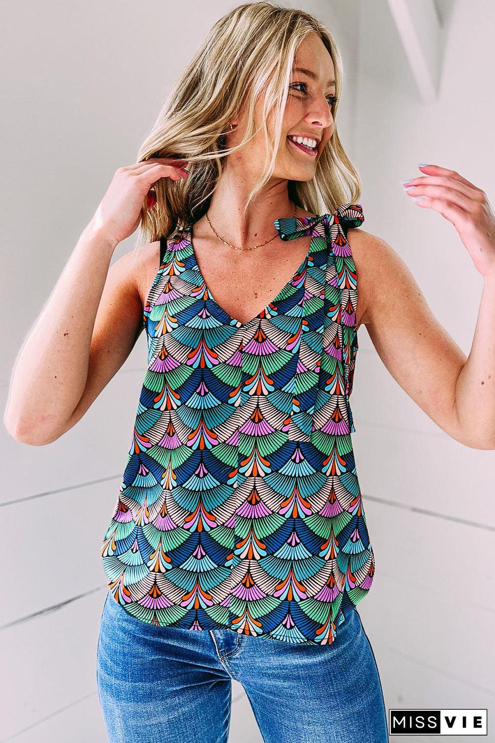 Blue Printed Knotted Shoulder Tank Top