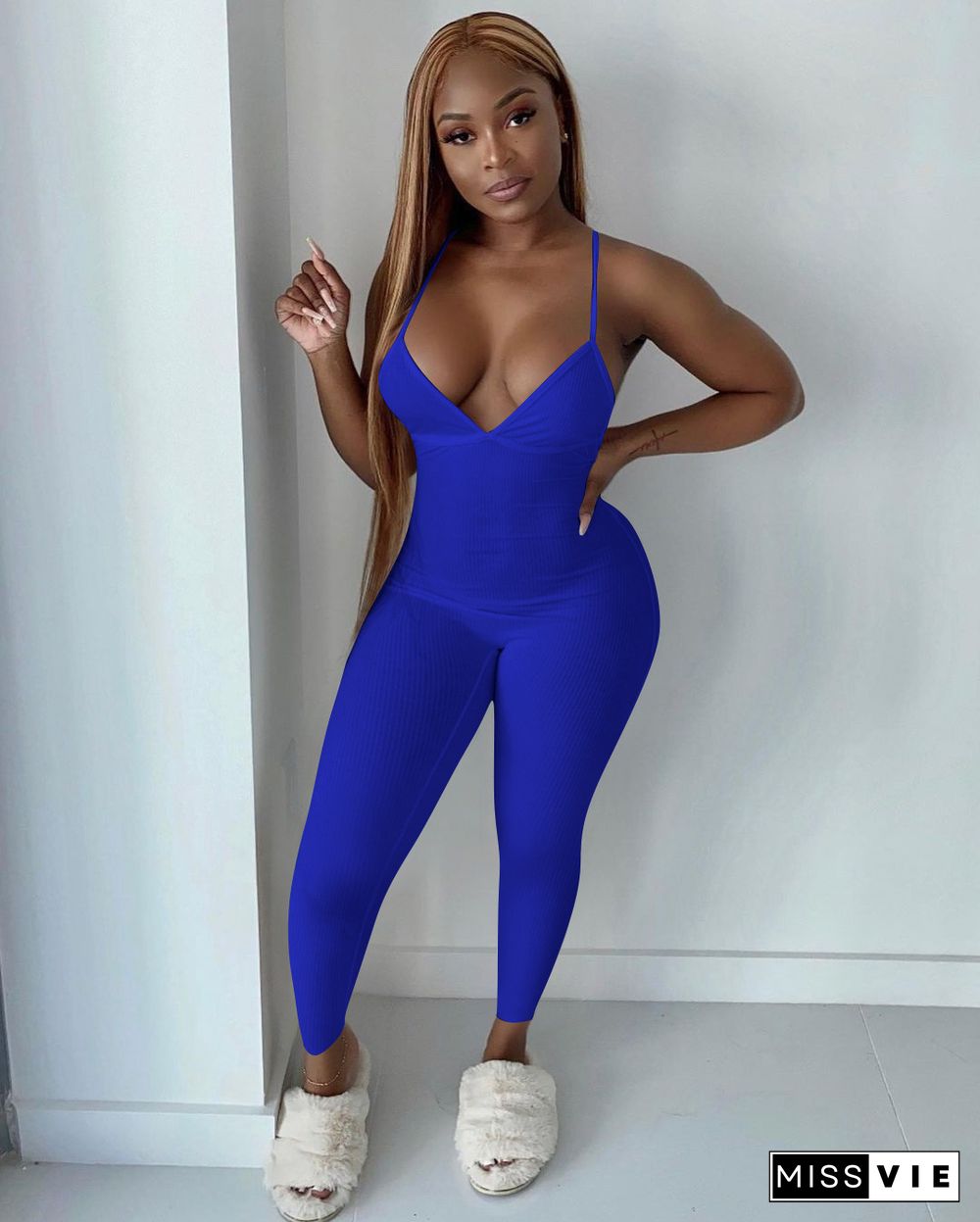 Women Sleeveless V-Neck Solid Ribbed Open Back Cross Summer Activewear Sexy One Piece Jumpsuit