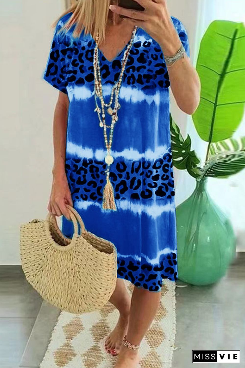 Blue Tie Dye Leopard Print T-Shirt Dress