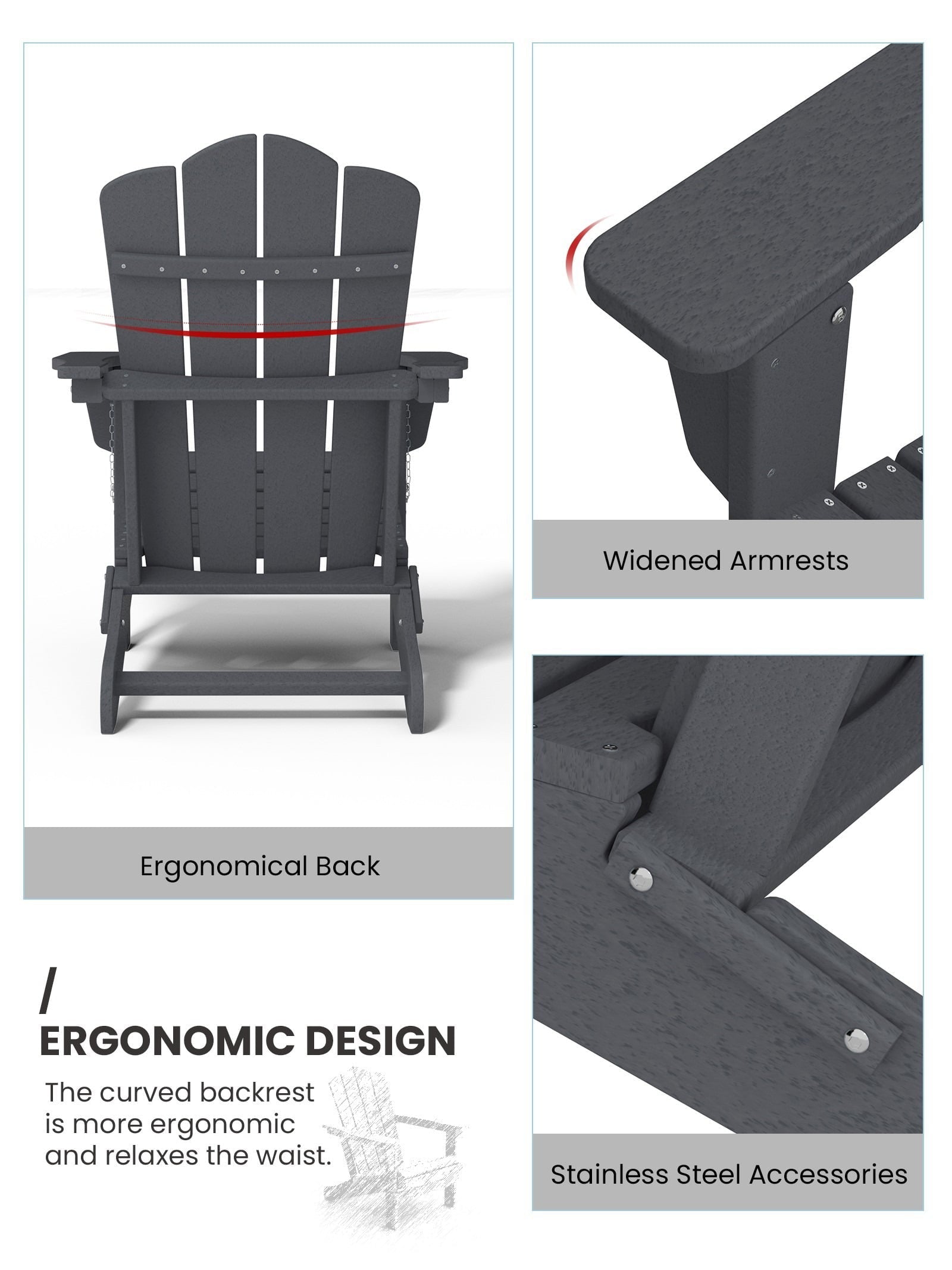 Folding Outdoor Patio Adirondack Chair for Garden, Gray