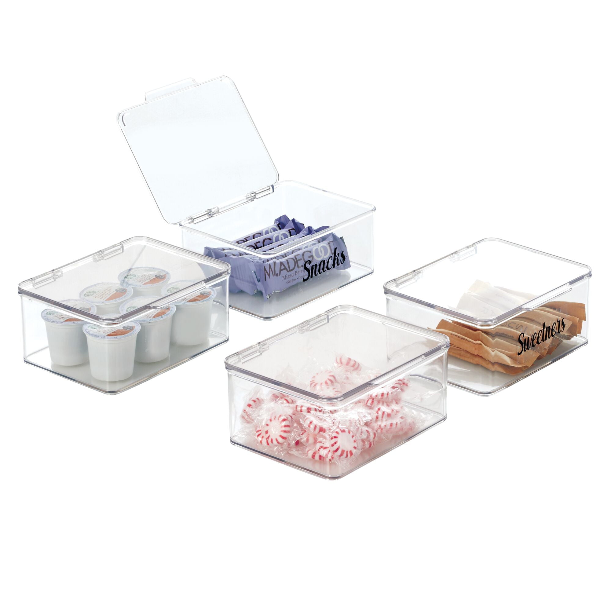 mDesign Plastic Stackable Kitchen Pantry Cabinet/Refrigerator Food Storage Container Box, Attached Lid - Organizer for Coffee, Tea, Packets, Snack Bars - Pack of 4, Includes 32 Labels - Clear