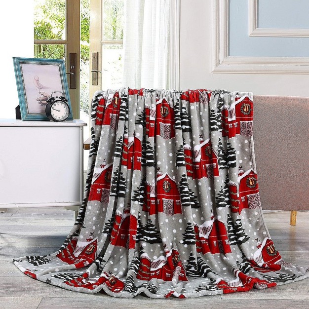 Kate Aurora Ultra Soft amp Cozy Christmas Gray Snowy Barn Plush Accent Throw Blanket Cover 50 In W X 60 In L