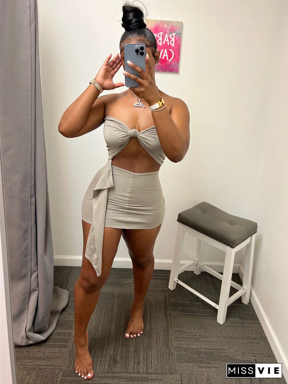 Strapless Tube Crop Tops with Mini Skirt 2 Piece Set