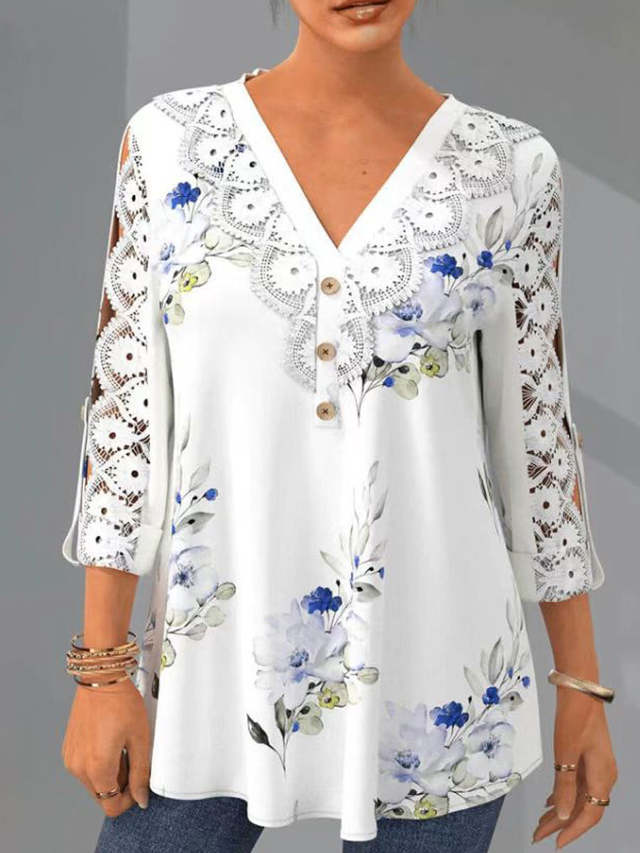 V-neck Cutout Panel Casual Loose Floral Print Long Sleeve Blouse