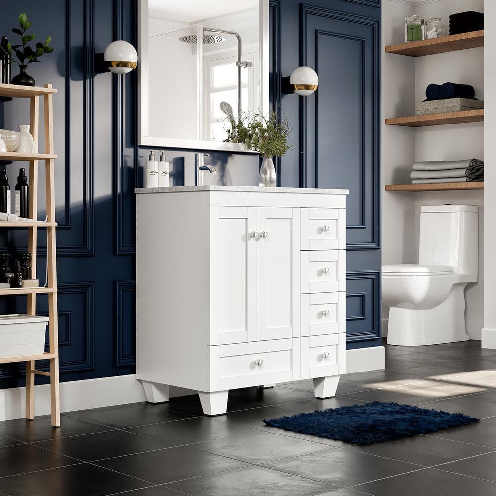 Eviva Happy 30 in W x 18 in D x 34 in H Bathroom Vanity in White with White Carrara Marble Top with White Sink