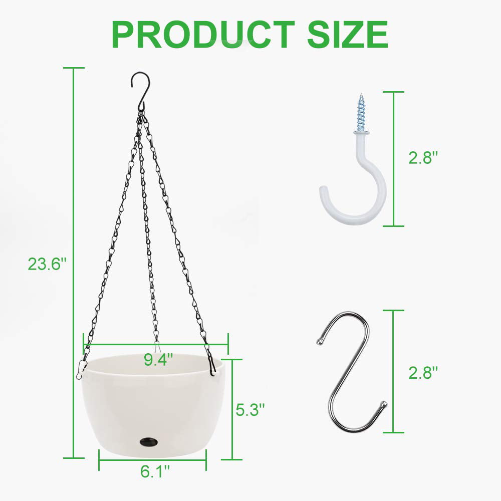 GROWNEER 2 Packs 9.4 Inches Plastic Hanging Planter Self Watering Basket with 6 Pcs Hooks, Hanging Flower Pot with Detachable Base for Garden Indoor Outdoor Home Decoration (White)