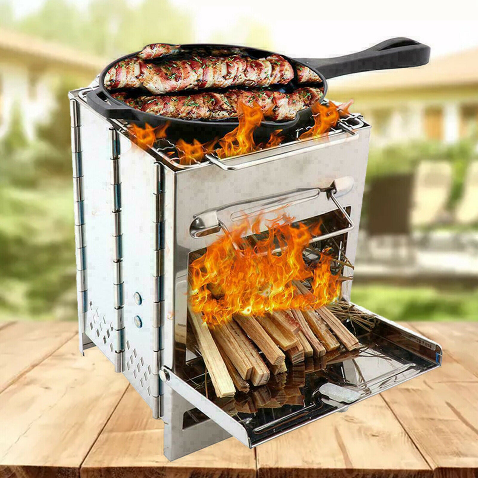 Fichiouy Portable Wood Burning Stove Outdoor Stainless Steel BBQ Grill for Camping Foldable Silver