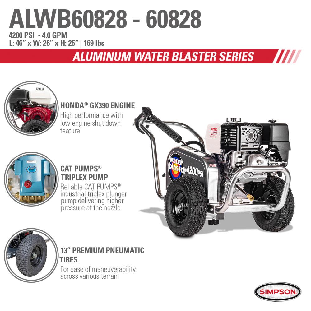 Aluminum Water Blaster 4200 PSI at 4.0 GPM HONDA GX390 with CAT Triplex Plunger Pump Cold Water Professional Belt Drive Gas Pressure Washer (49-State) ;