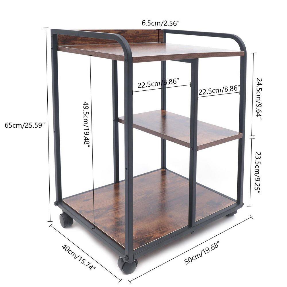 YIYIBYUS 3-Shelf Iron Frame Wood 4-Wheeled Under Desk Printer Stand Cart in Walnut Color HG-ZT509-071