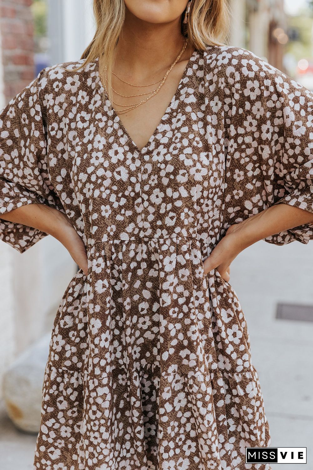 Brown V Neck Daisy Print Empire Waist Mini Dress