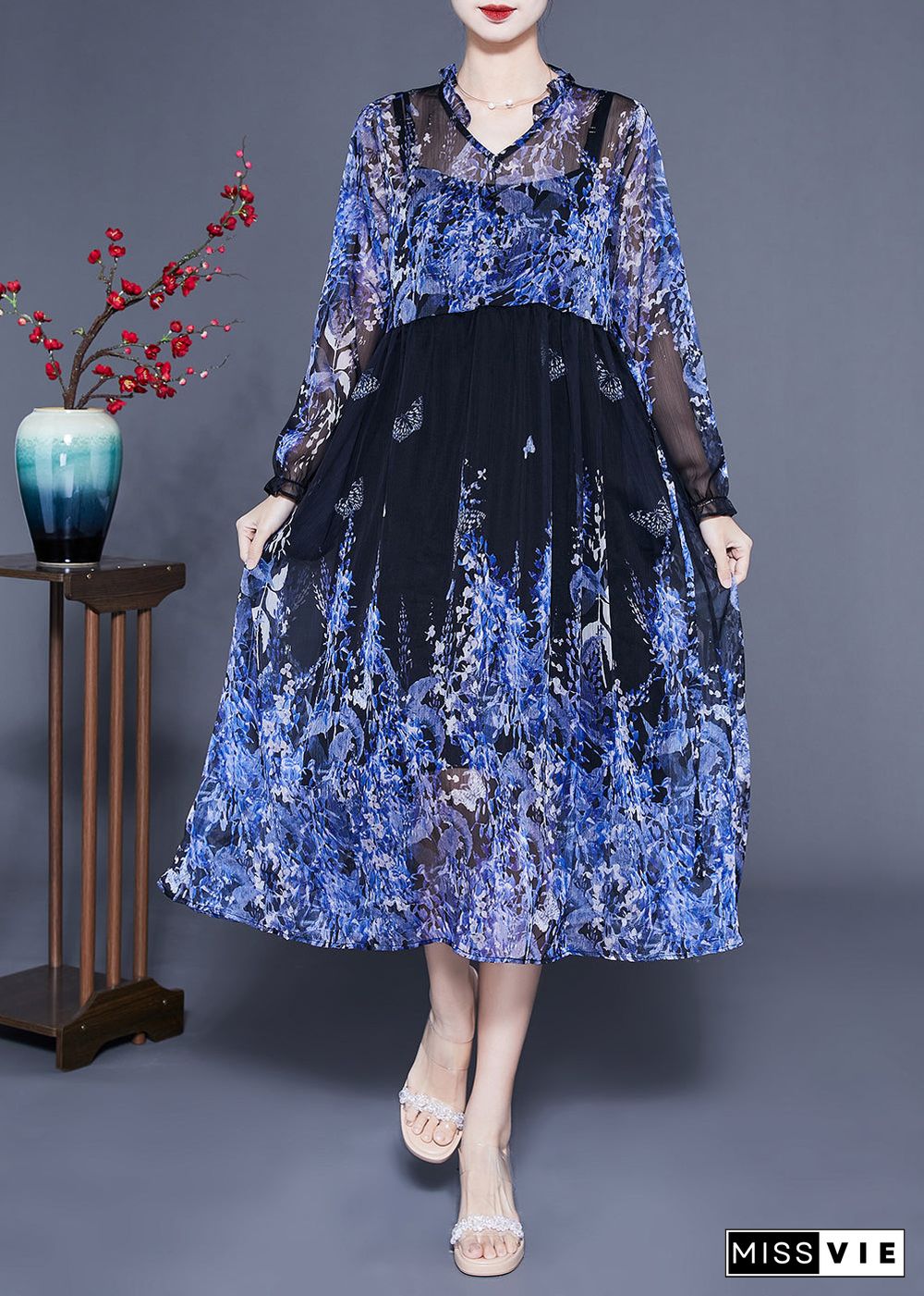 Bohemian Blue V Neck Ruffled Print Chiffon Holiday Dresses Two Piece Set Summer