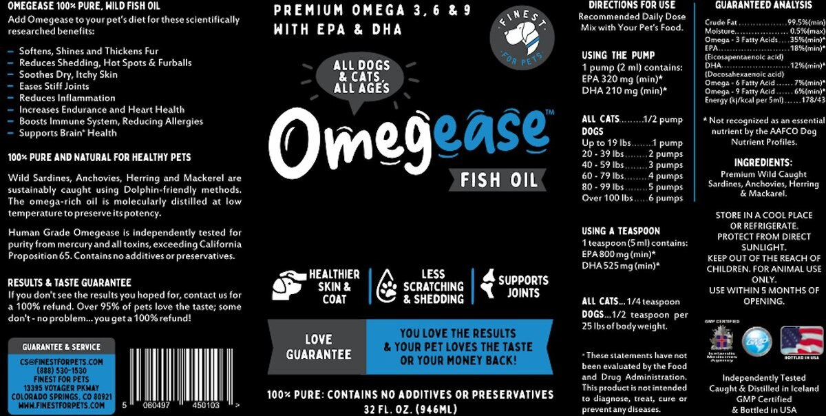 Finest for Pets Omegease Omega-Rich Fish Oil Dog and Cat Supplement