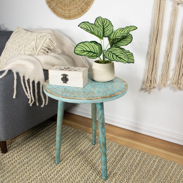 Antique Blue Engraved Wooden Tri Leg Round Side Table