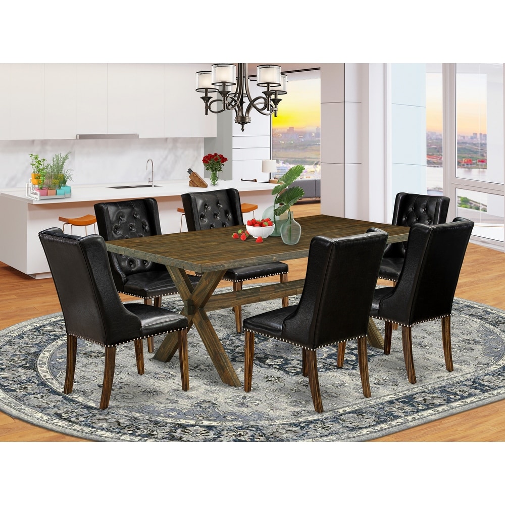 East West Furniture Dining Table Set  Wooden Table and Black Faux Leather Parson Chairs(Pieces   Finish Options)