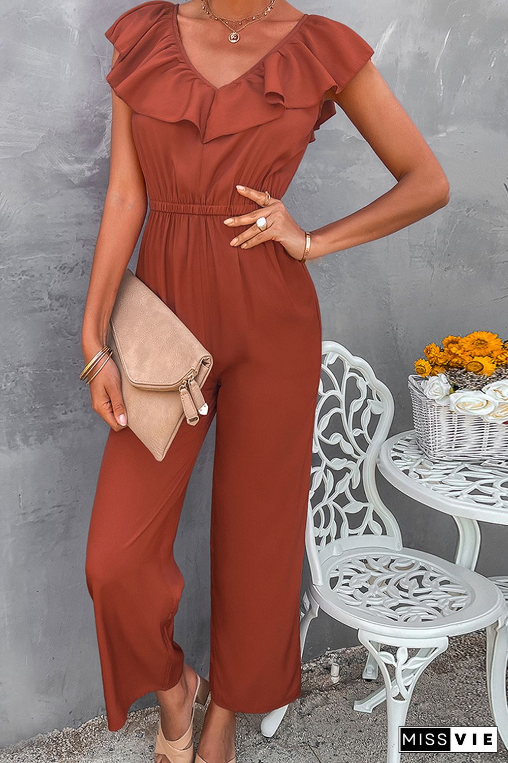 Ruffle V-neck Sleeveless Waisted Jumpsuit Wholesale