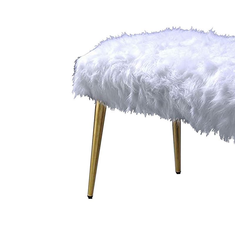 Modern Style Faux Fur Upholstered Metal Bench with Tapered Legs， White and Gold