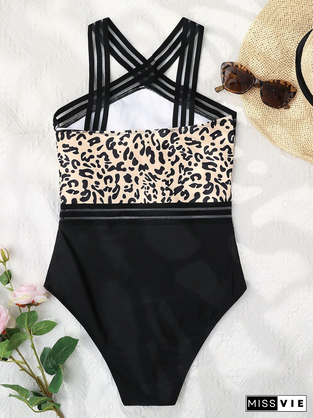 Women Leopard Sleeveless V-neck One Piece Swimwear