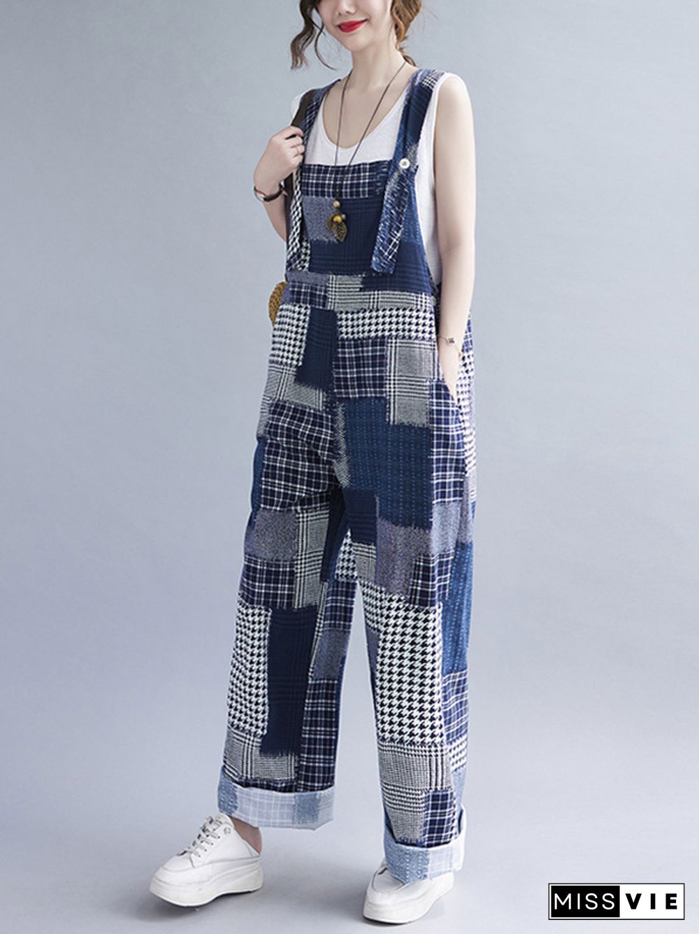 Artistic Retro Plaid Square-Neck Sleeveless Overalls